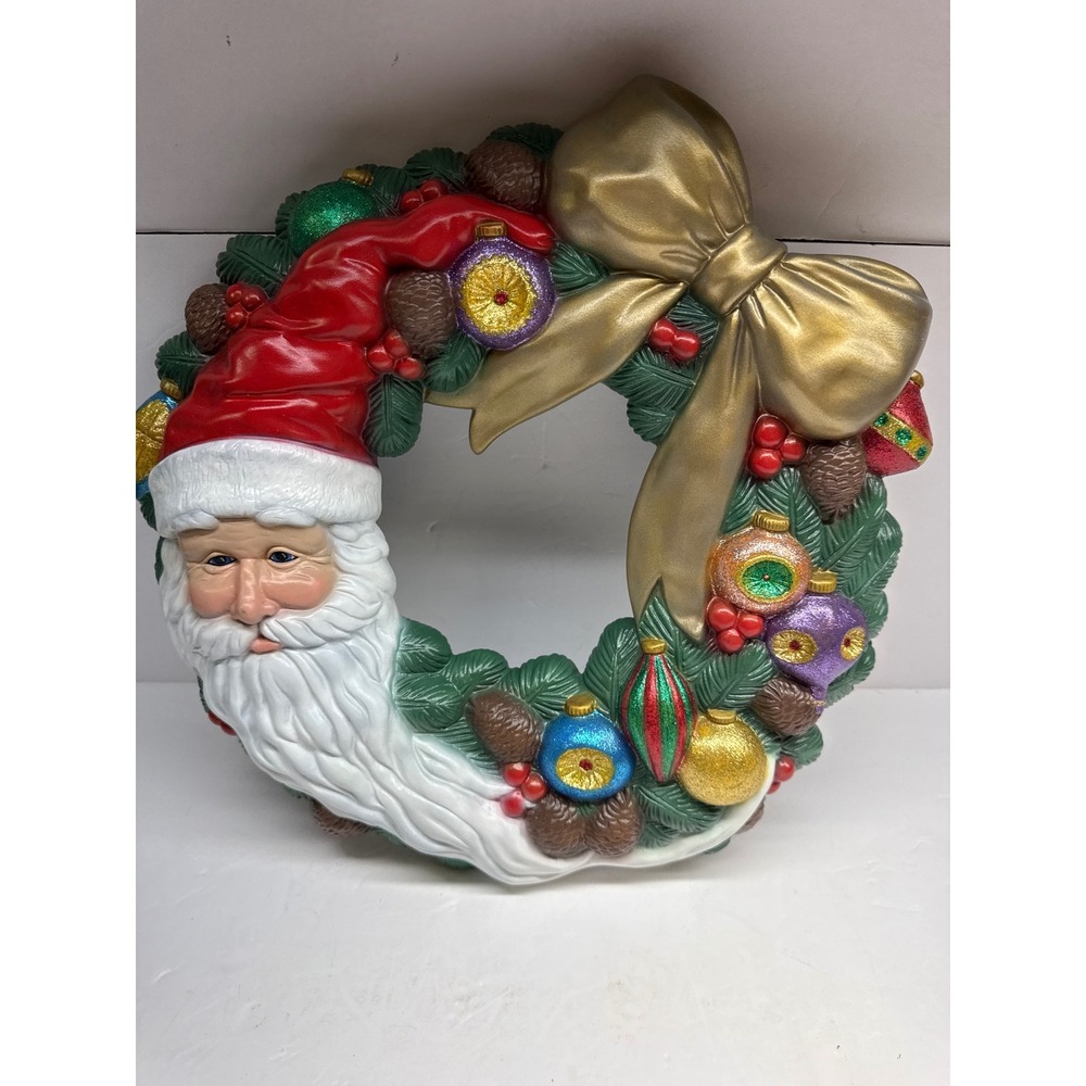 Vintage Scioto 1993 Ceramic Santa Wreath Christmas Wall Decor Gold Bow Glitter